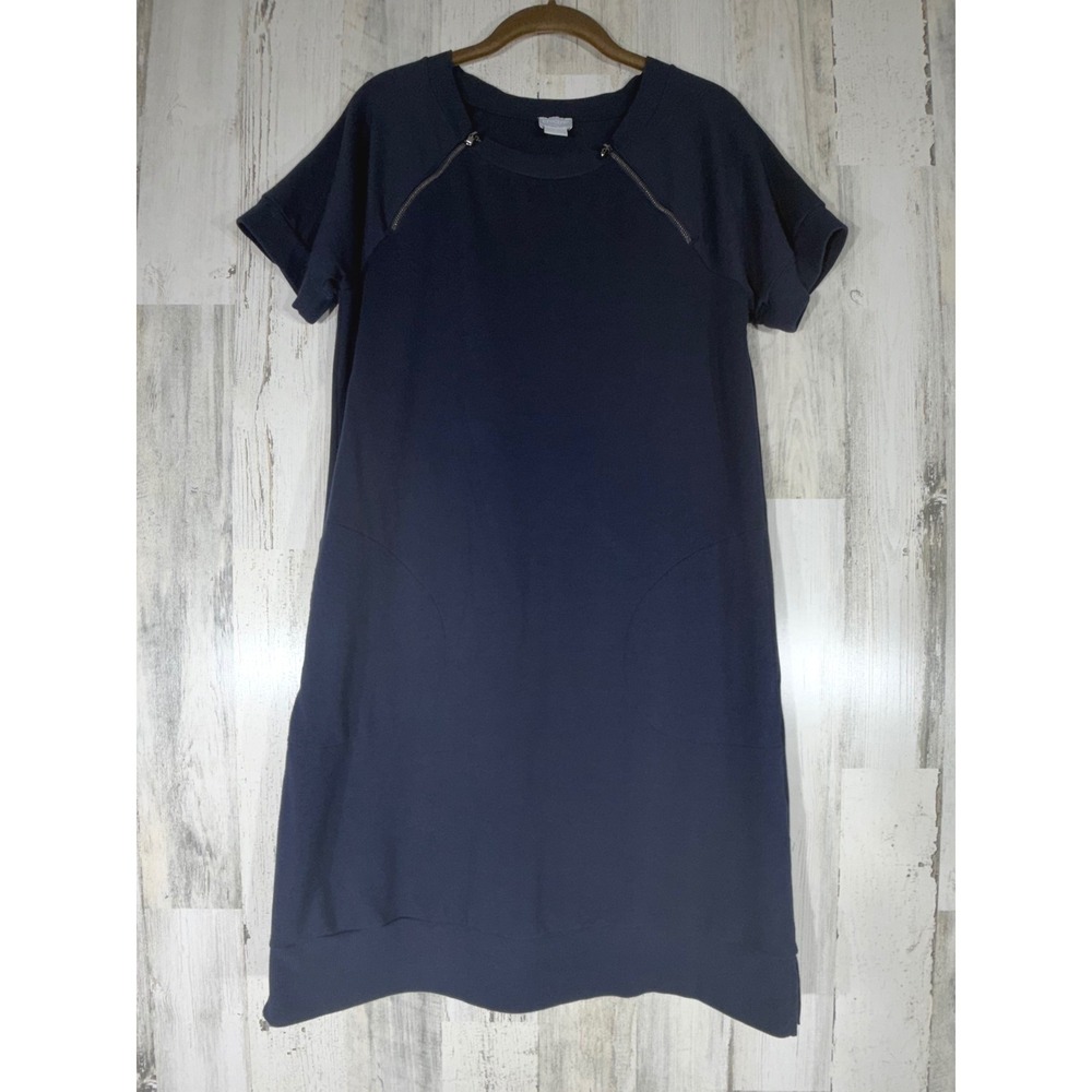 Chicos Zenergy Shift Dress Size 4/6 Navy Zip Detail Pockets French Terry Casual‎